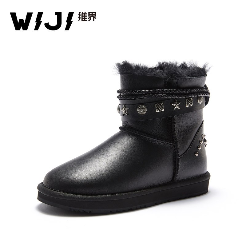 WIJI冬季新款皮毛一体雪地靴金属装饰靓丽炫酷保暖舒适休闲女鞋女_1 黑色 39
