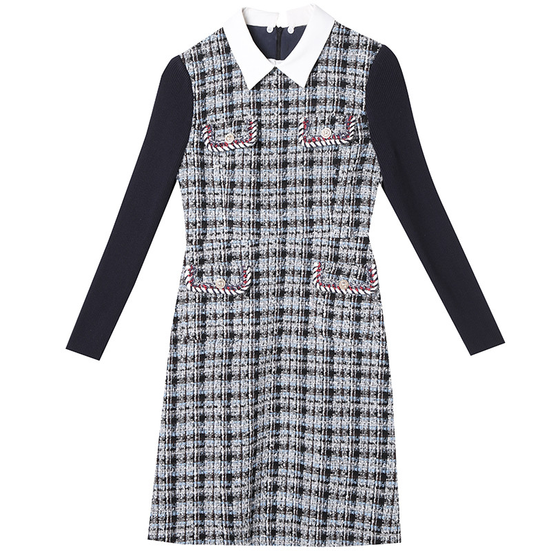 洛诗琳2018冬装撞色小翻领拼接毛织袖连衣裙 XXL 藏蓝