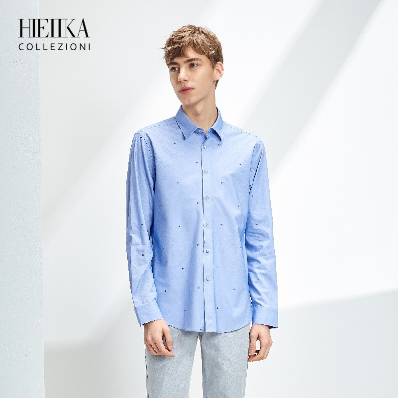 Hieiika海一家男装2019春季趣味大方印花长袖衬衫 180/104A 宝蓝花纹KM