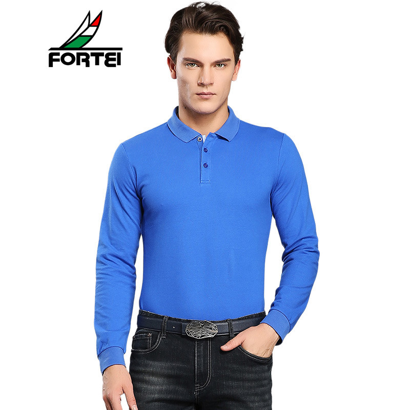 FORTEI富铤长袖T恤男士翻领Polo纯色休闲棉质长袖打底衫。 XXL(185/100A) 彩蓝色