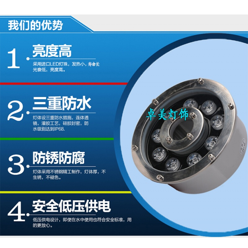 池底下中孔旱喷泉灯led底射灯涌泉灯防景灯鱼池灯下灯_7 15W(正白或暖白)2选1