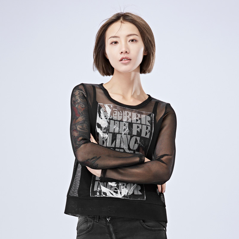 sdeer圣迪奥女装秋装性感网眼字母印花宽松卫衣上衣外套 L 黑色/91
