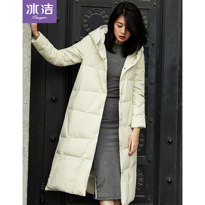 冰洁2018新款女长款羽绒服修身显瘦女士时尚冬装外套女J80143018 175/96A 月光米7075