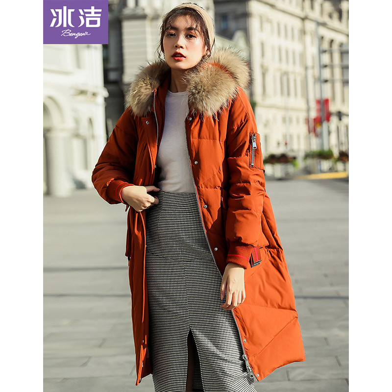 冰洁2018新款貉子毛领中长款时尚修身厚款羽绒服J80143038 苏丹棕7174 165/88A