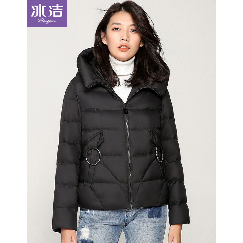 冰洁短款羽绒服连帽厚款保暖冬装时尚宽松女上衣外套J80143002 155/80A 黑色8056