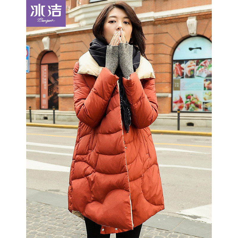 冰洁女款时尚羽绒服女中长款宽松个性鸭绒外套J80143010 160/84A 巴西利红1073