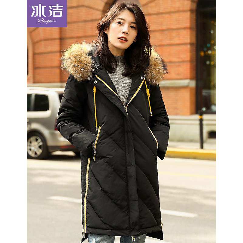 冰洁2018秋冬新款中长款羽绒服女大毛领时尚保暖前短后长外套女J80143022 155/80A 黑色8056