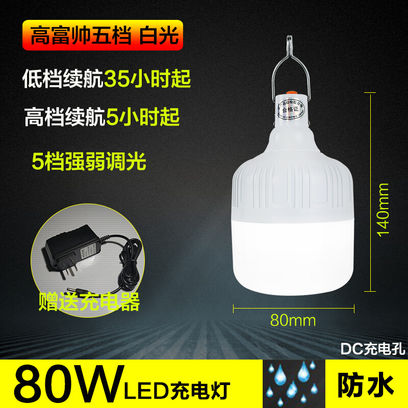 充电灯泡停电应急灯家用移动夜市摆摊地摊照明超亮LED节能户外灯D280W白光(10-50小 80W送充电器(5-16小时)五档五档调光