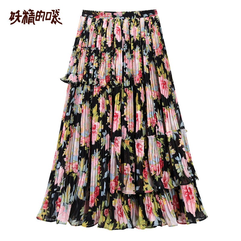 妖精的口袋2019新款女装春装港味半身裙中长款松紧腰雪纺百褶裙 L 花花世界色