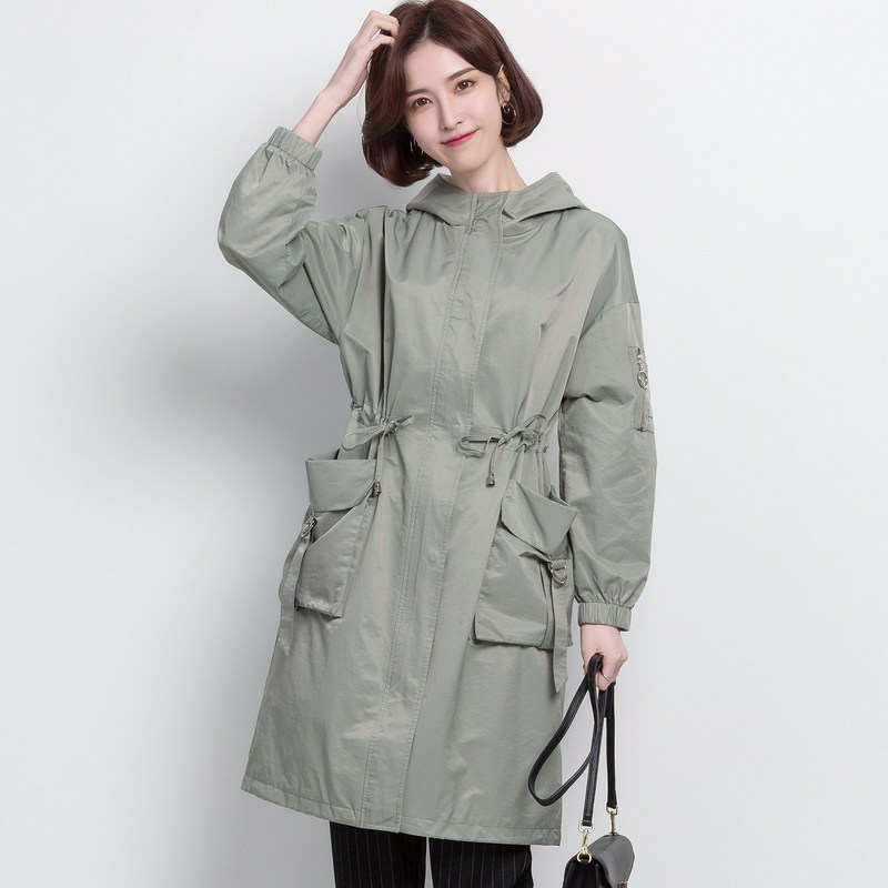 恒源祥中长款连帽风衣女2019春秋新款韩版宽松bf工装外套抽绳收腰 160/M 豆绿