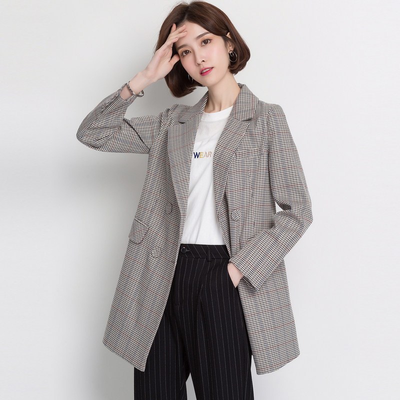 恒源祥2019春秋装新款chic休闲小西装格子外套女韩版西服复古风衣 165/L 格子
