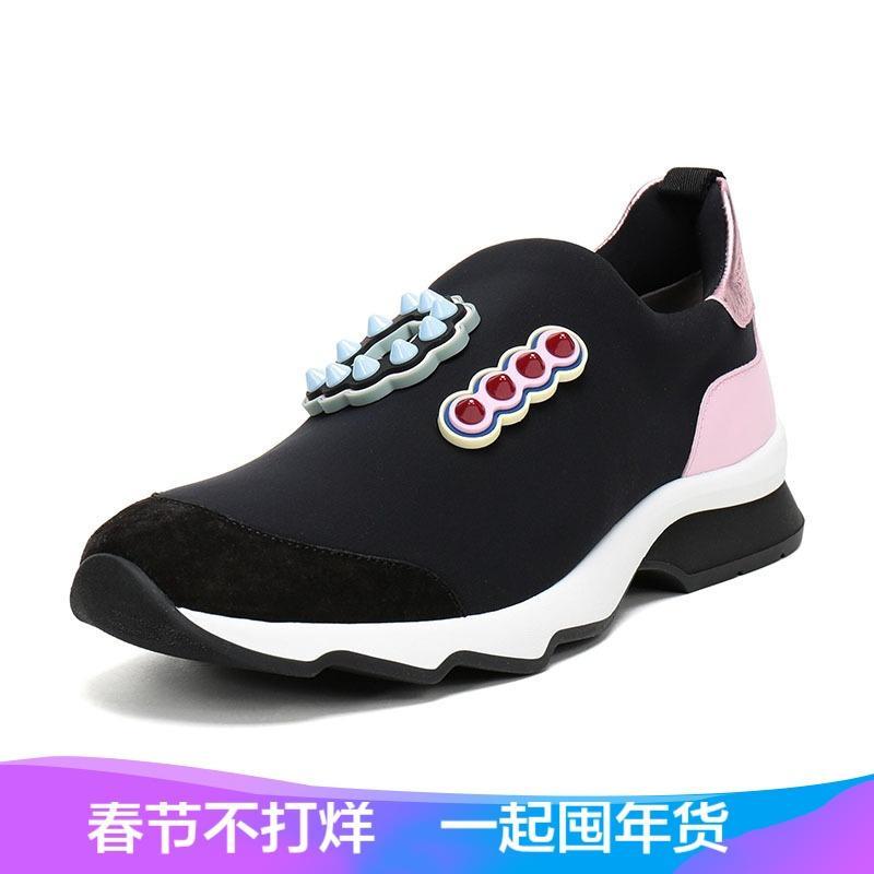 Fendi 女士织物配皮休闲运动鞋 8E6673 A15B F1129-黑色粉色拼色 39