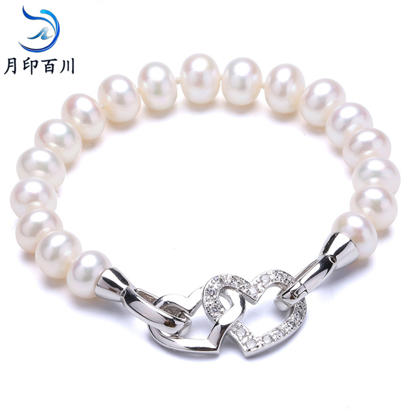 s925银心连心珍珠手链女款珍珠时尚手链 白色珍珠18cm