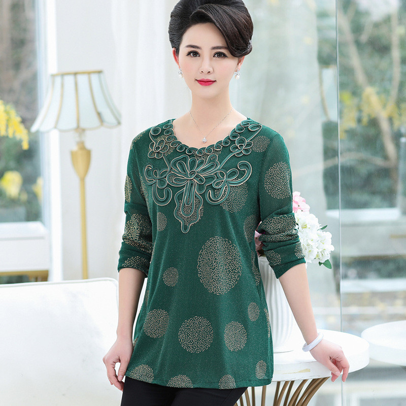 媛宿(YuanSu)春装时尚绣花长袖打底衫女中老年妈妈装衬衣大码t恤小衫春秋薄款6703 XXXXXL 绿色