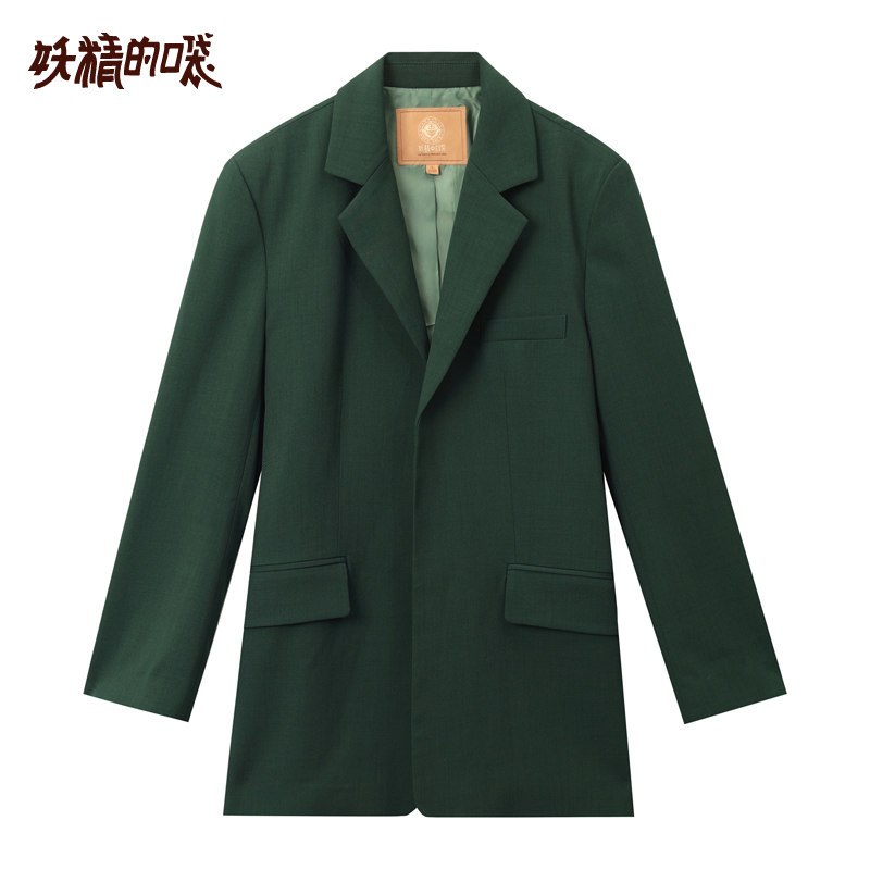 妖精的口袋野兽派春装2019款女中长款chic韩版休闲宽松西装外套 S 森绿色