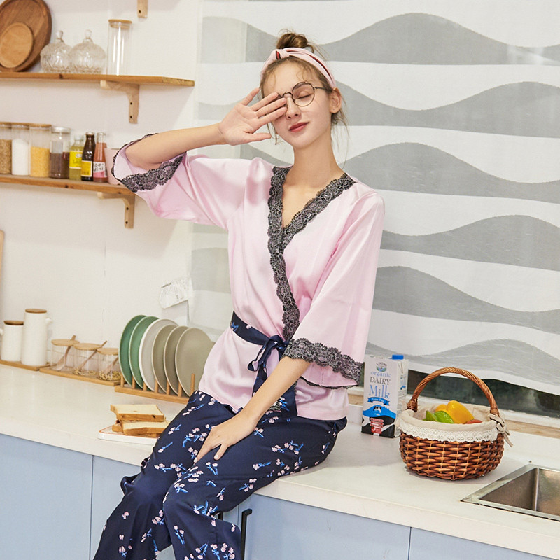 阪织屋睡衣女春夏印花五分袖和服套装日系两件时尚少女家居服套装 藏蓝色 M
