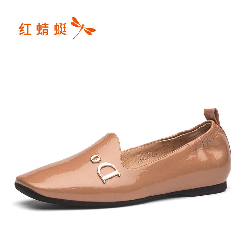 红蜻蜓女鞋2019春季新款英伦简约休闲懒人鞋方头套脚软底百搭单鞋 杏色 38码