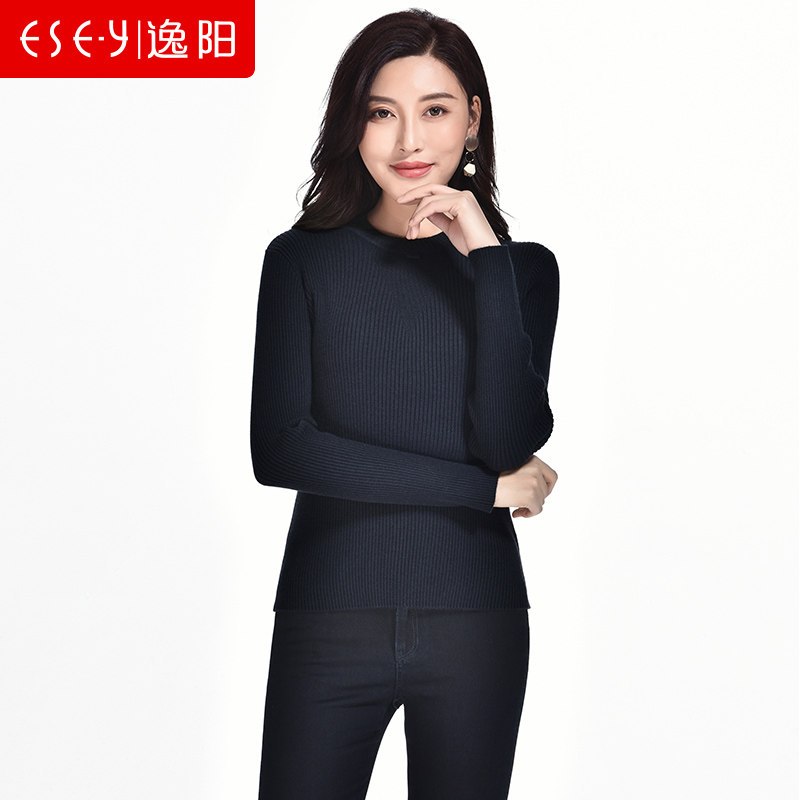 修身圆领针织长袖套头毛衣上衣打底衫外穿春秋女装显瘦时尚70400_1 藏青色 L