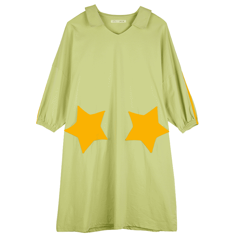阪织屋睡衣女夏季新款星星睡裙女纯棉家居服女士可爱套头宽松大码 L 草绿色