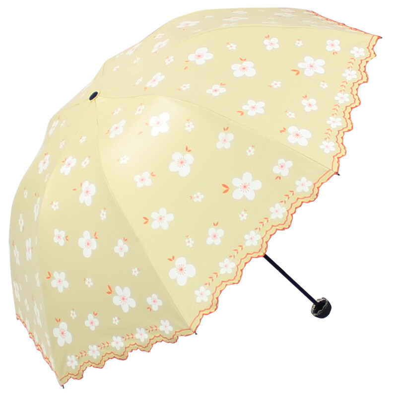 天堂伞 凝脂绸黑胶修花边江南镜花公主三折晴雨伞太阳伞 36049E 米色