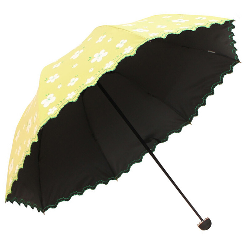 天堂伞 凝脂绸黑胶修花边江南镜花公主三折晴雨伞太阳伞 36049E 黄绿