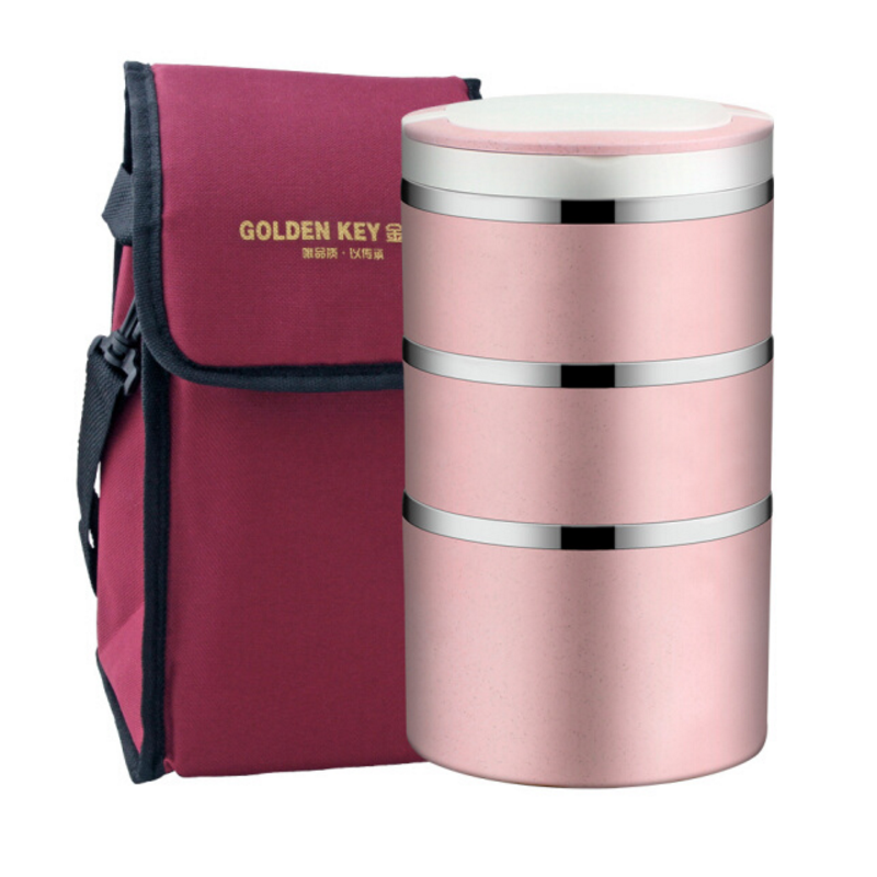 金钥匙 （GOLDEN KEY）304不锈钢 三层密封学生便当盒可组合保温饭盒 GK-2000BD-3G 粉色