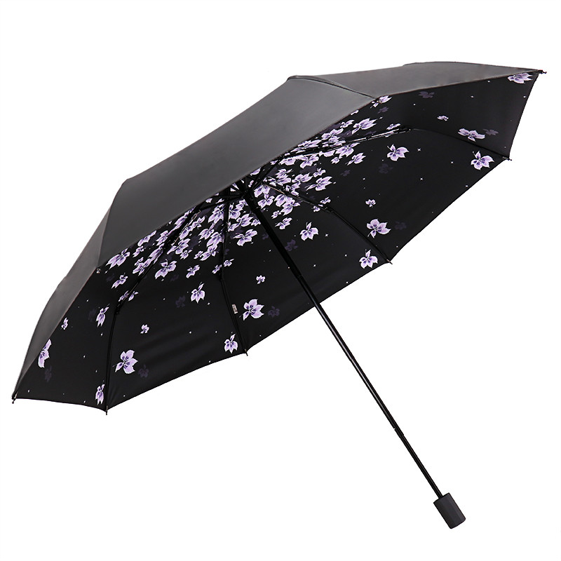 天堂伞 全遮光碰击布黑胶印枫叶三折遮阳伞太阳伞晴雨伞 638ELCJ 紫色
