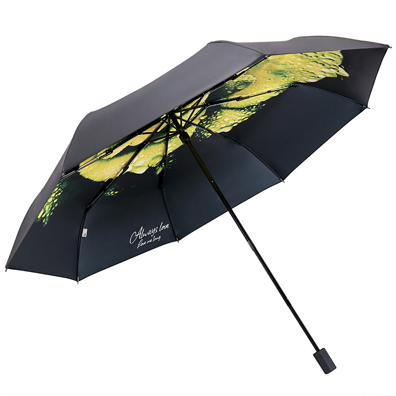 天堂伞 三折全遮光黑胶晴雨伞小黑伞遮阳伞太阳伞 玫瑰雨露33537E 黄绿