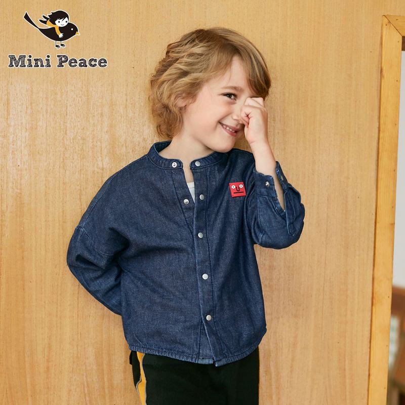 minipeace太平鸟童装男童长袖牛仔衬衫外套按扣圆领春秋 140cm 牛仔蓝