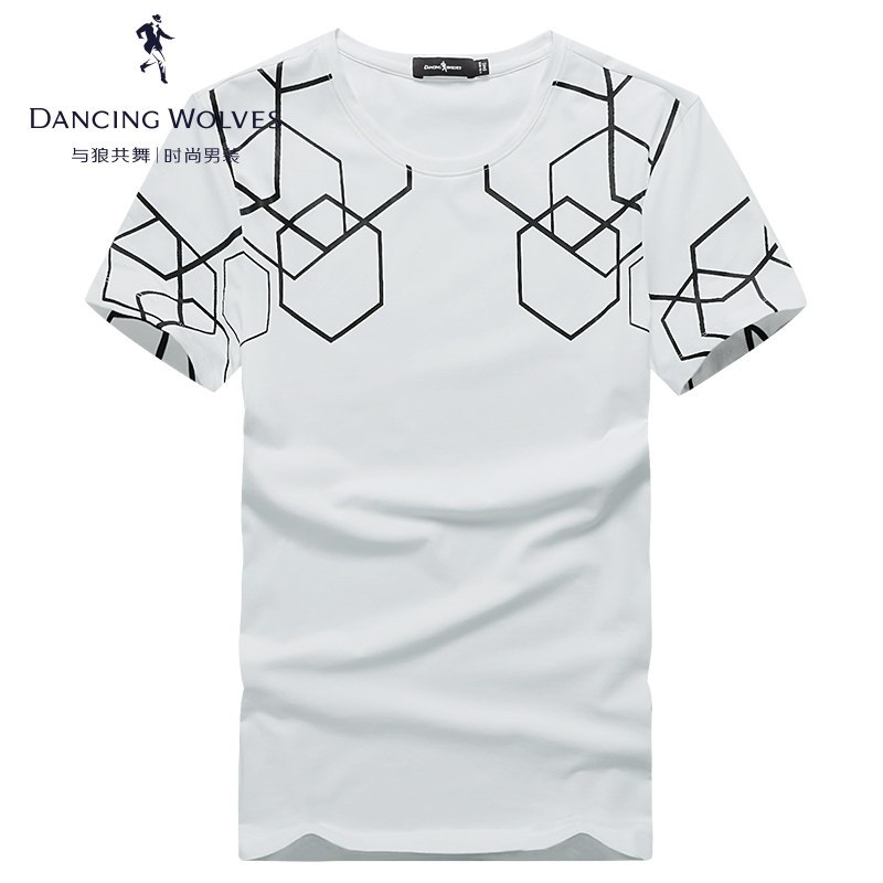 清仓特卖/与狼共舞短袖夏季新款男装印花圆领男士休闲衫DZ 185/100A 801米白
