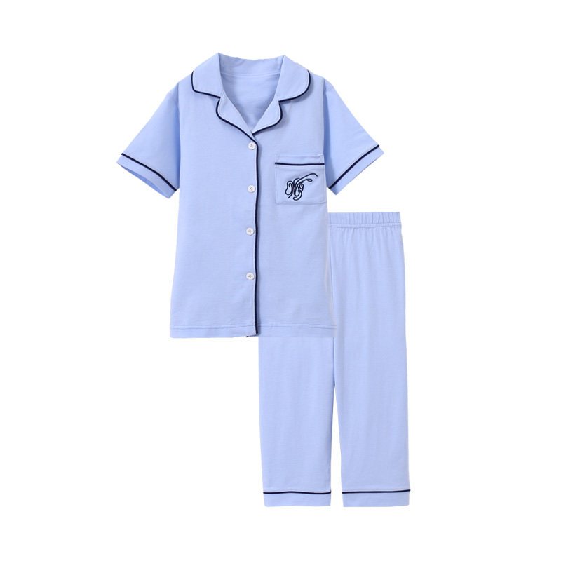 南极人儿童棉质家居服套装男童女童春夏季空调服睡衣睡裤短袖 86523蓝色 110cm