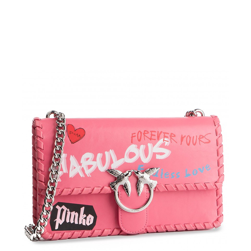 [直营]品高(PINKO) Fabulous 涂鸦印花牛皮迷你 Love 手袋 搭扣燕子包链条包单肩包斜挎包 女包