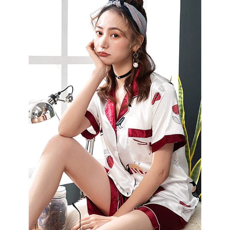 蓝旗 冰丝睡衣女夏季短袖两件套装性感薄款韩版女士仿真丝家居服-1 XL（118~138） 白红灵鸟