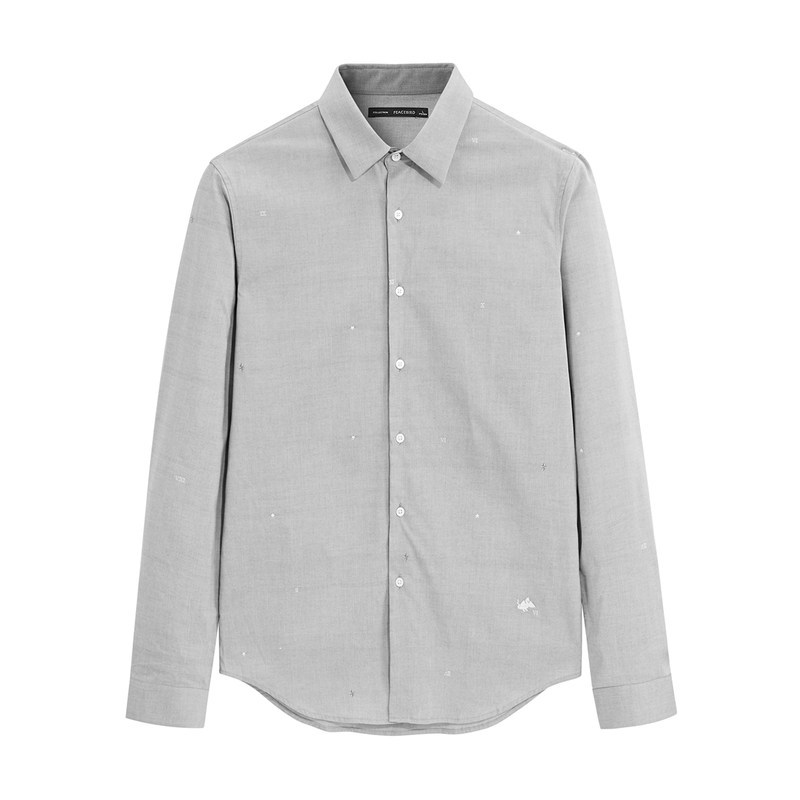 太平鸟男装衬衫男长袖100%棉春季刺绣韩版商务休闲衬衣男翻领_1 XXXL 灰色