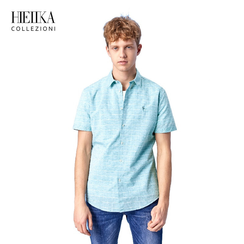 Hieiika海一家男装2019夏季清新格纹趣味绣标质感有型短袖衬衫_1 180/104A 浅绿格纹TE