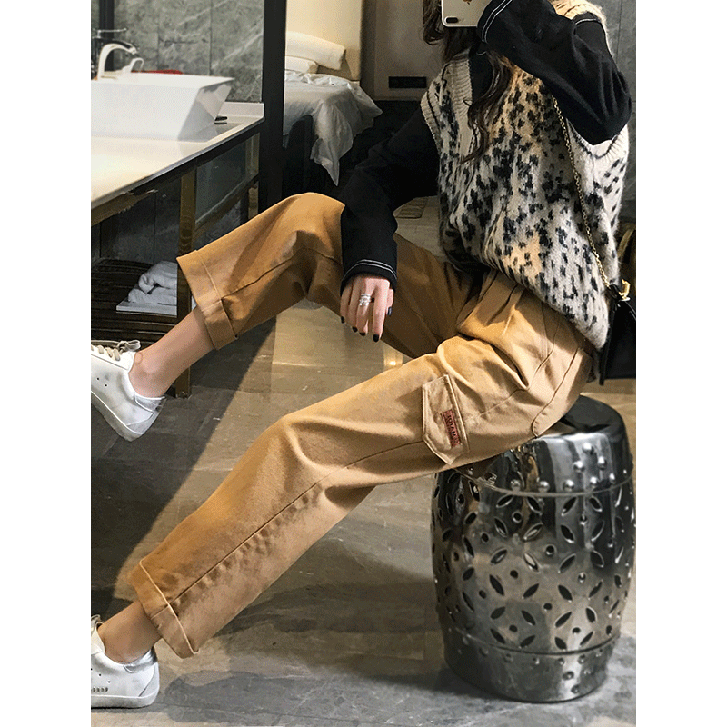 牛仔阔腿裤女春秋2019新款宽松韩版怪味少女裤直筒九分学生工装裤 29码 卡其色