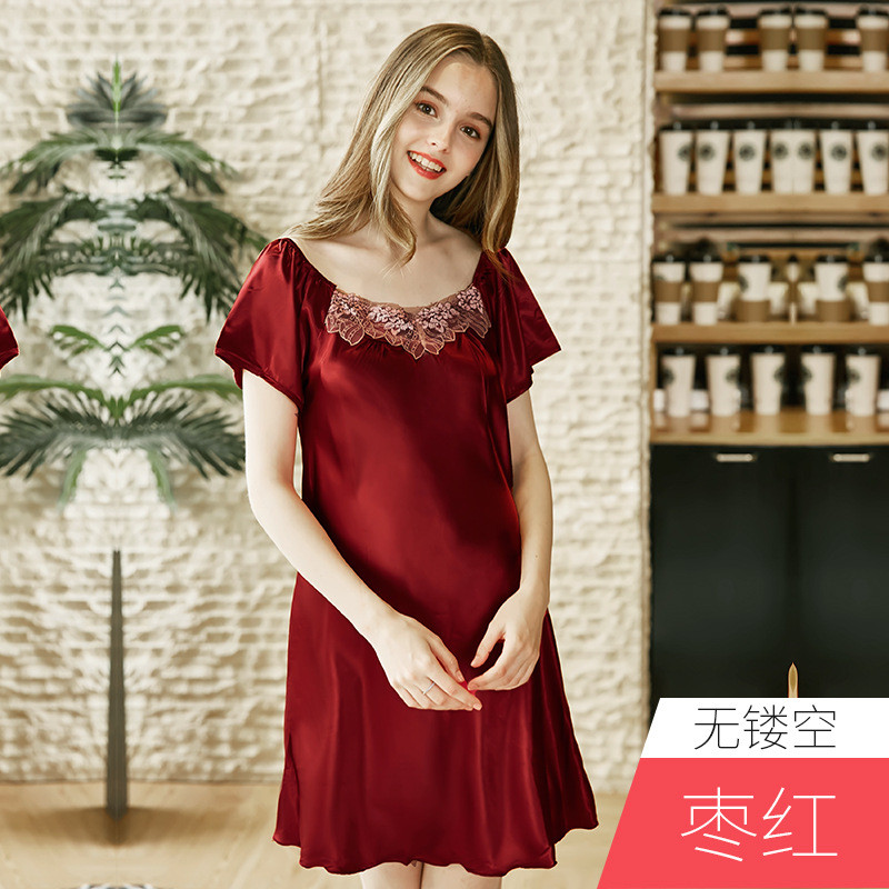耀婷仿真丝睡衣女士夏季丝绸性感短袖睡裙女夏 XXL 枣红-无镂空