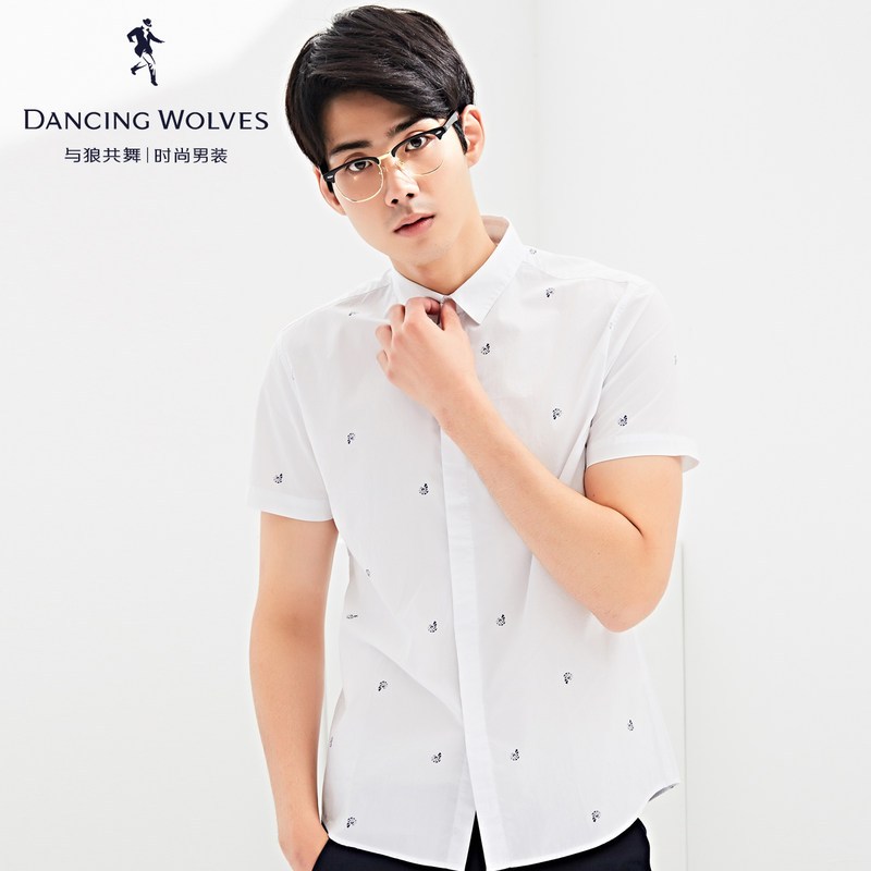 清仓特卖/与狼共舞短袖衬衫男2019夏季新款男装纯棉男士衬衣DZ 185/100A 801米白