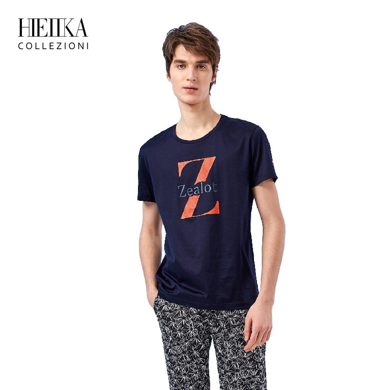 Hieiika海一家男装2019夏季时尚休闲字母印花圆领短袖T恤_1 165/84A/S 藏青花纹03