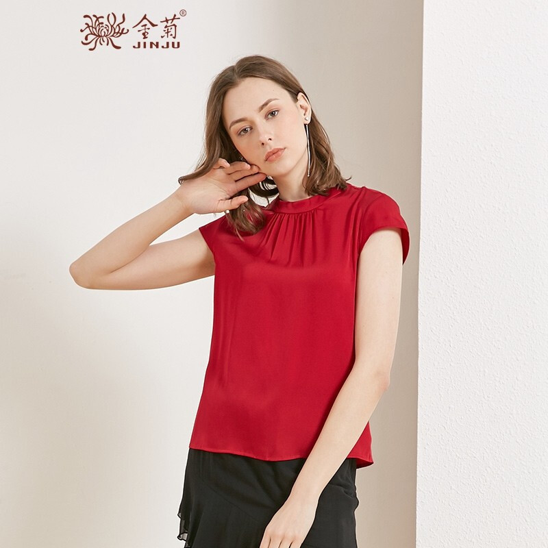 金菊2019春夏新款女装圆领真丝上衣女士桑蚕丝短袖T恤时尚百搭真丝T恤女 M 酒红