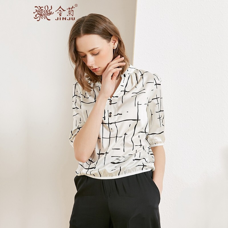金菊2019春夏新款女装v领真丝上衣女士桑蚕丝印花T恤中袖条纹印花上衣女 XXXL 白色