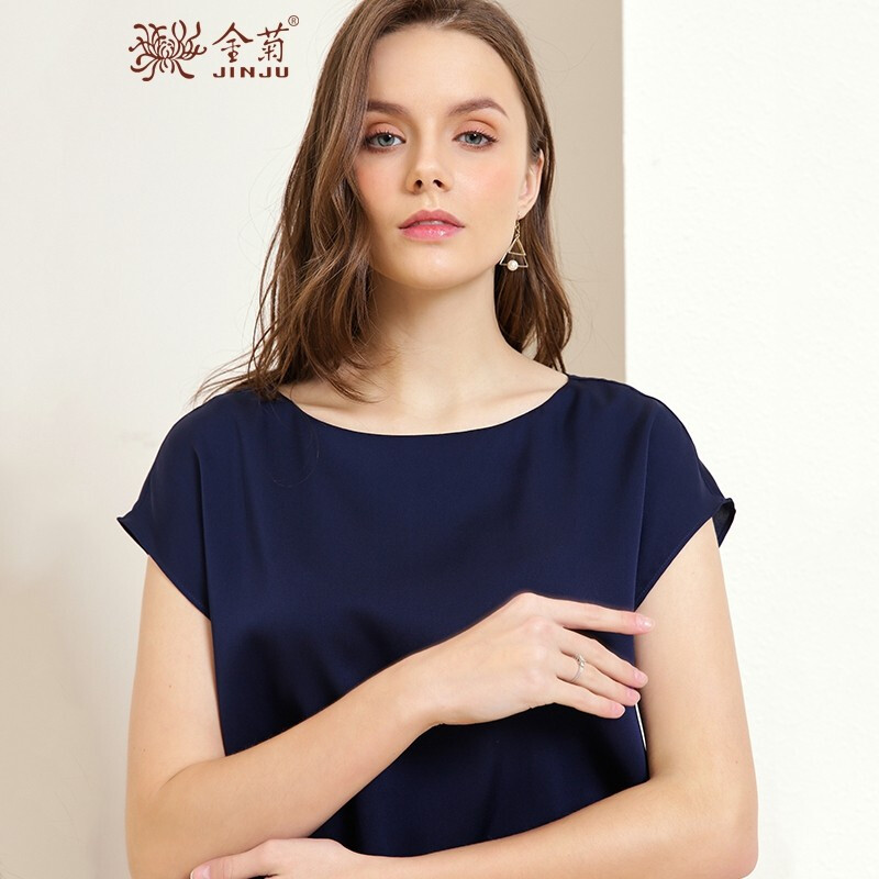 金菊女装2019春夏季新款真丝上衣女士圆领桑蚕丝T恤宽松显瘦真丝T恤女 藏青 XXL