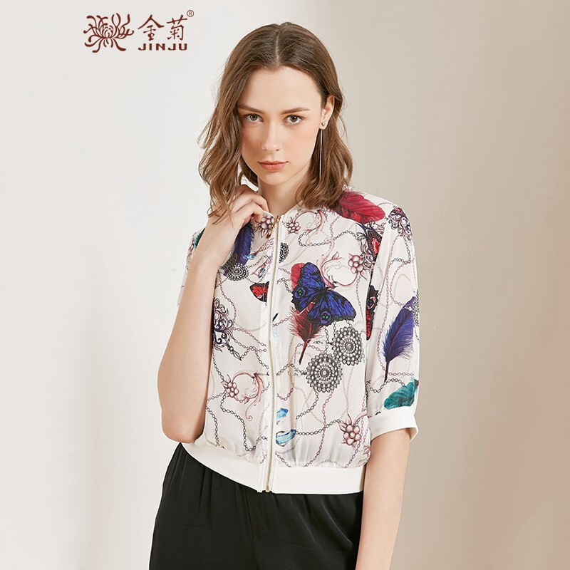 金菊2019春夏季新款女士印花真丝棒球衫时尚百搭桑蚕丝中袖短外套女拉链衫 本白 XXL