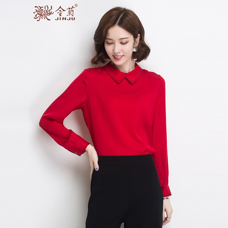 金菊女装春夏新款真丝衬衫女士小方领桑蚕丝衬衫时尚百搭长袖真丝衬衫女修身显瘦衬衣女 红色 XXL
