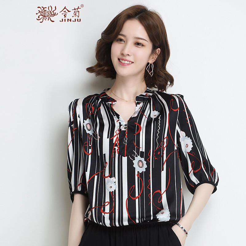 金菊春夏新款女装韩版修身显瘦真丝T恤女v领桑蚕丝上衣中袖印花衬衫女 条纹黑 L