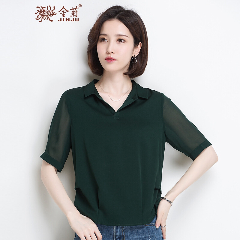 金菊春夏新款韩版修身女士真丝上衣小方领中袖T恤女桑蚕丝大码衬衫 墨绿 3XL