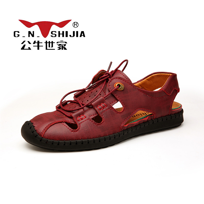 公牛世家(G.N.Shi Jia)夏季凉鞋男士耐磨户外凉拖鞋商务休闲真皮镂空皮鞋GN2801 深红 40码