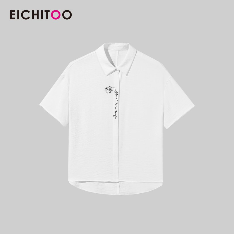 爱居兔夏装2019女装时尚字母刺绣宽松轻薄短袖休闲衬衫 170/92A/XL 漂白(10)