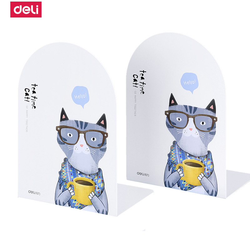得力(deli)9267书立架学生用图书挡板金属阅读书立办公室桌面桌上书架简易简约创意卡通铁书立炫彩书架 蓝色 1对