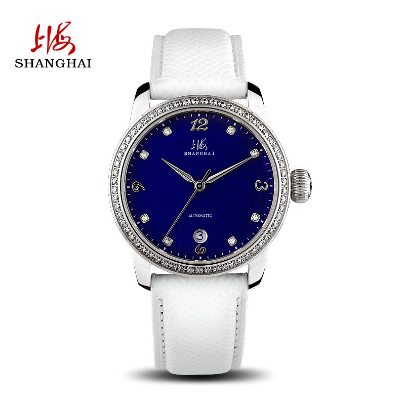 上海(SHANGHAI)手表女士手表 全自动机械表802时尚潮流镶钻防水皮带女士手表 白钢蓝面白皮带